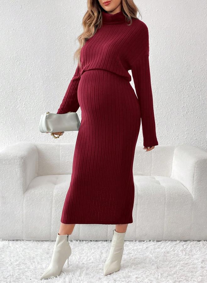 تايك تو طقم مضلع للحوامل بلوزة بياقة مرتفعة وتنورة بخصر مرن قابل للتعديل - Image 1